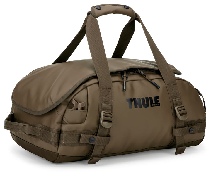 Brown duffel bag with Thule logo on a white background