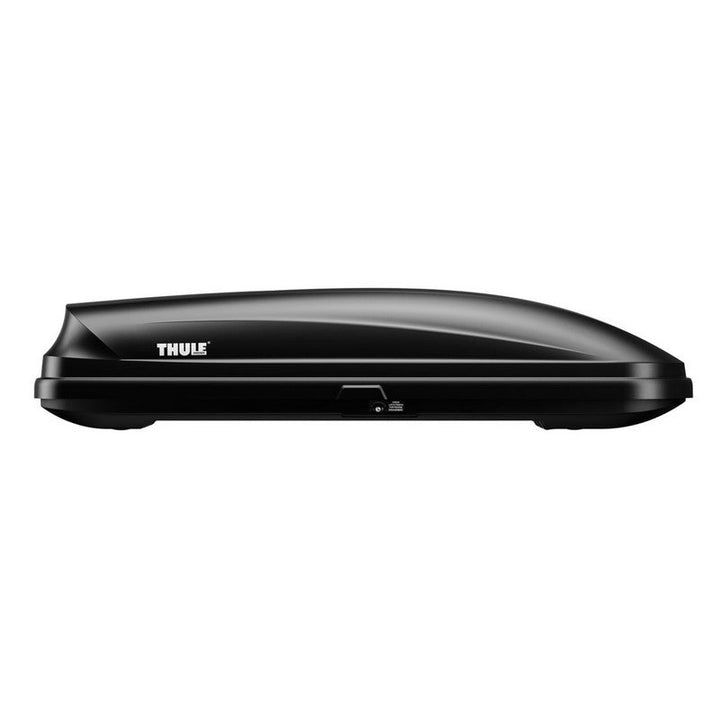 Sleek black Thule Pulse L cargo box designed for secure and spacious roof storage on vehicles.