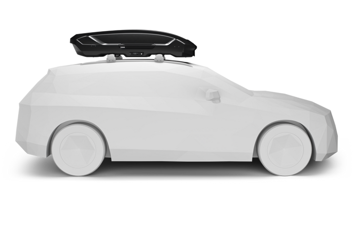 Black Thule Motion 3 L roof cargo box mounted on a white SUV side view against a plain background