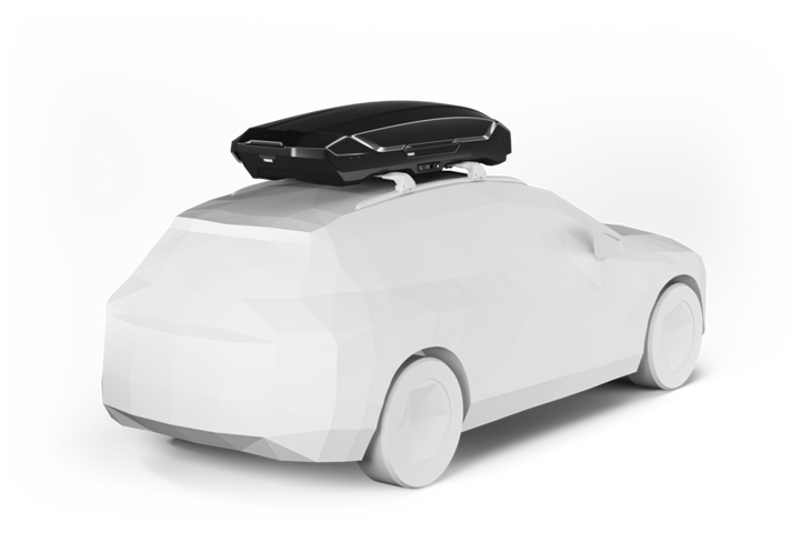 Black Thule Motion 3 XL rooftop cargo box mounted on a white compact car model from rear angle